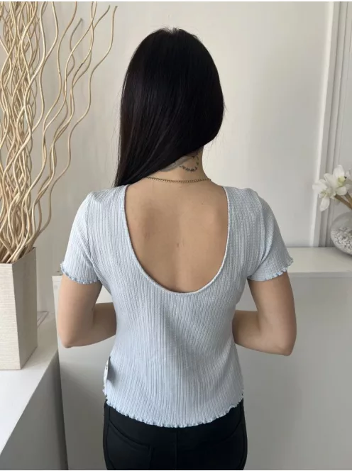 ÚJ Dusk (M) Vízkék Fehér Apró Mintás, Kerek Nyakú Fodros Aljú, Rugalmas Anyagú Felső