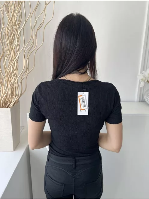 ÚJ LTS (M) Fekete Kocka Kivágású, Anyagában Mintás Rugalmas Anyagú Body