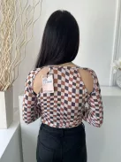 ÚJ Missguided (M) Fehér Barna-Fekete Kockás Mellnél Kivágott, Rugalmas Anyagú Body