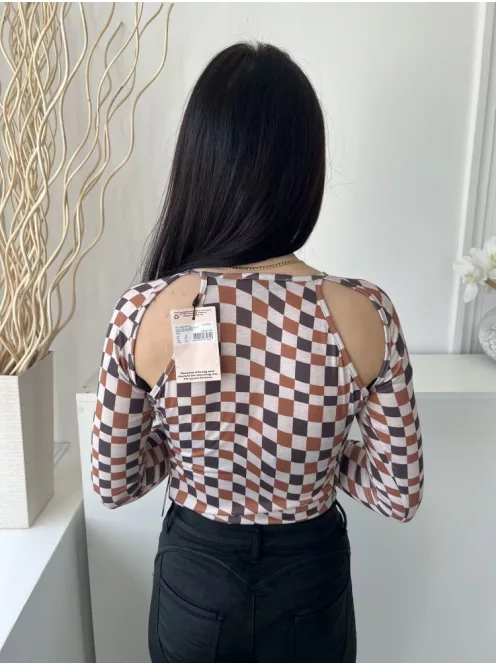 ÚJ Missguided (M) Fehér Barna-Fekete Kockás Mellnél Kivágott, Rugalmas Anyagú Body