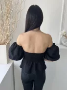 New Look (S) Fekete Anyagában Mintás, Derékban Szabott Buggyos Ujjú, Hátul Darázsolt Felső