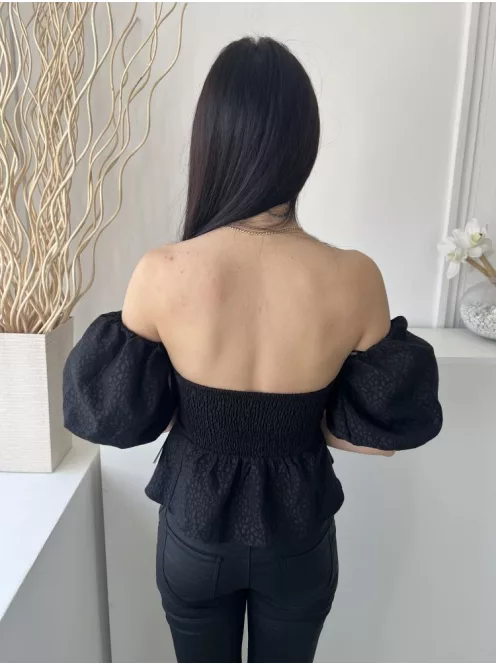 New Look (S) Fekete Anyagában Mintás, Derékban Szabott Buggyos Ujjú, Hátul Darázsolt Felső