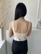 Bershka (S) Drapp Oldalt Cipzáros, Díszvarrásos Rövid Fazonú, Művelúr Felső