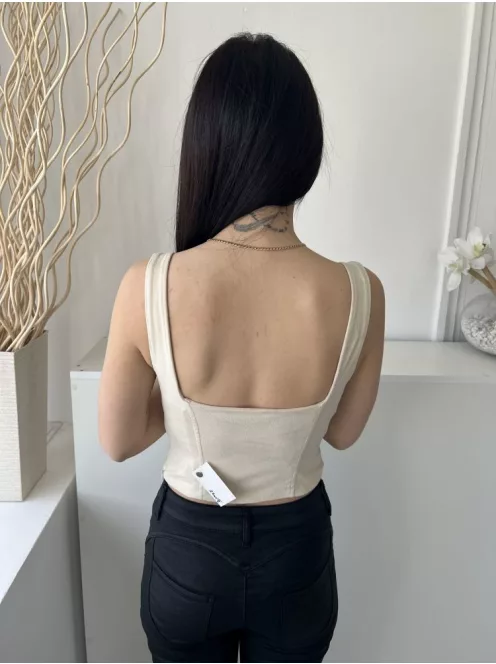 Bershka (S) Drapp Oldalt Cipzáros, Díszvarrásos Rövid Fazonú, Művelúr Felső