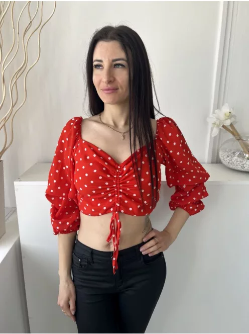 In The Style (S) Piros Fehér Pöttyös, Hátul Cipzáros Elől Húzott Megkötős, Gumírozott Vállú Felső