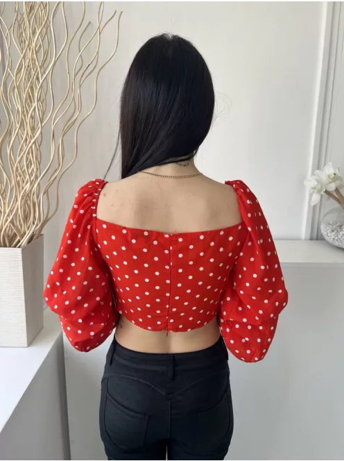 In The Style (S) Piros Fehér Pöttyös, Hátul Cipzáros Elől Húzott Megkötős, Gumírozott Vállú Felső