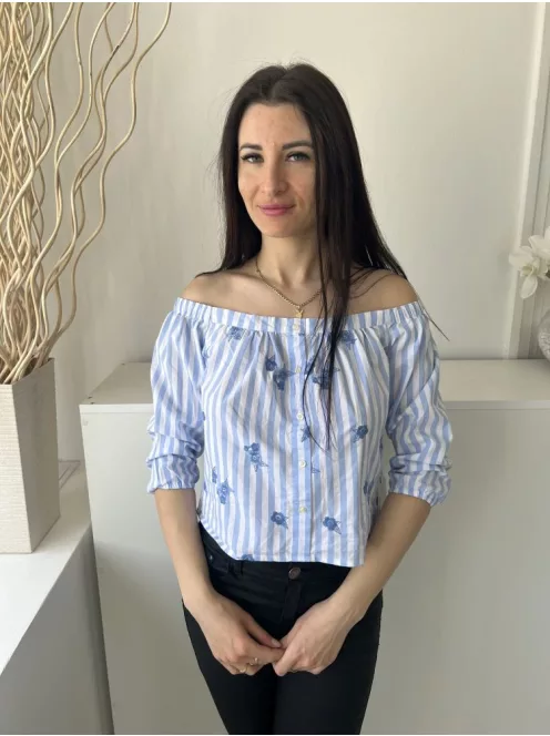 Hollister (S) Kék Fehér Csíkos, Ejtett Gumis Vállú Elől Díszgombos, 65% Pamut Felső