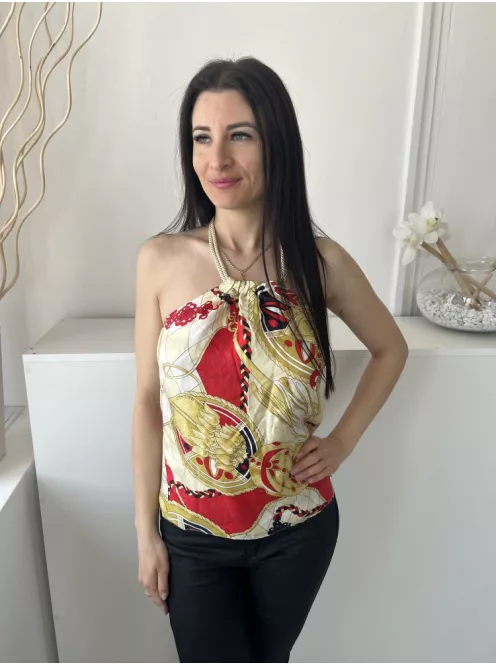 Pink Tartan (S) Fehér-Piros-Sárga Oldalt Cipzáros, Mintás Hátul Nyakban Kapcsos Felső