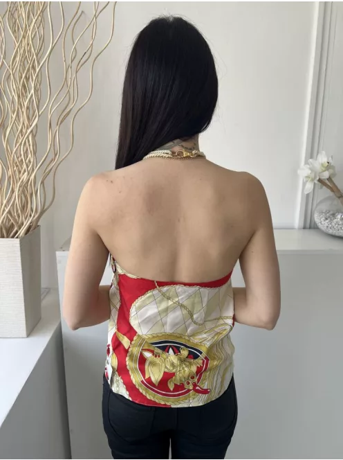 Pink Tartan (S) Fehér-Piros-Sárga Oldalt Cipzáros, Mintás Hátul Nyakban Kapcsos Felső