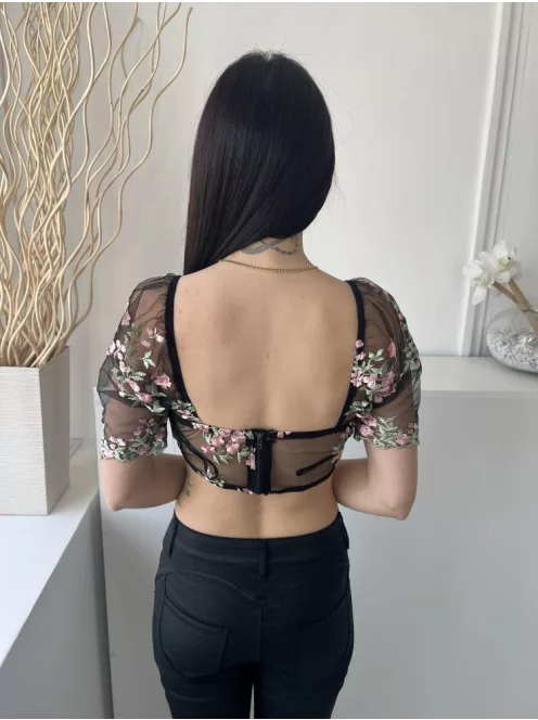  (M) Fekete Virágos, Kocka Kivágású Áttetsző, Hátul Cipzáros Felső