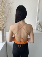 Shein (M) Narancs Hálós Anyagú, Bélelt Hátul Kersztpántos, Megkötős Body