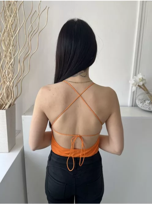 Shein (M) Narancs Hálós Anyagú, Bélelt Hátul Kersztpántos, Megkötős Body