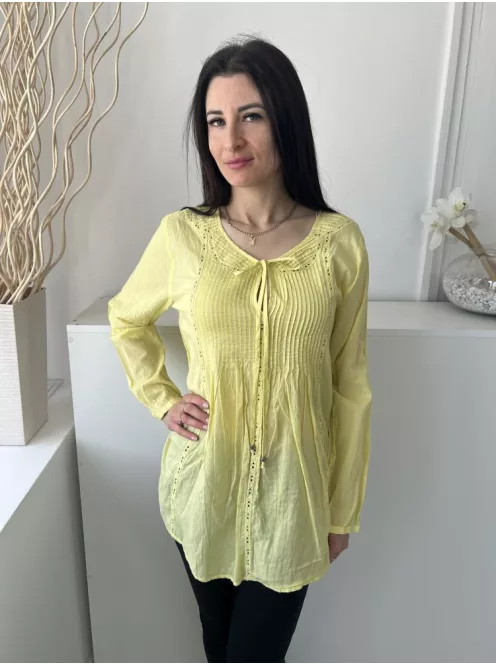 Laura Ashley (M) Sárga Nyakban Megköthető Díszcsíkos, Kerekített Aljú, 100% Pamut Felső