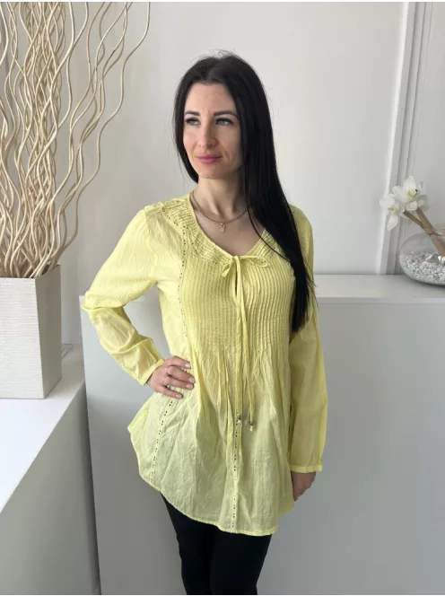 Laura Ashley (M) Sárga Nyakban Megköthető Díszcsíkos, Kerekített Aljú, 100% Pamut Felső