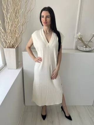   H&M (M) Krémszínű 60% Pamut Alapanyagú, Anyagában Bordázott V Kivágású, Oldalt Sliccelt Ruha