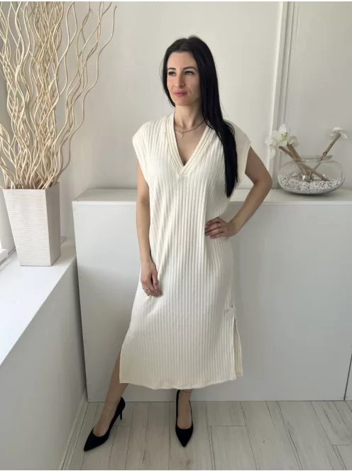 H&M (M) Krémszínű 60% Pamut Alapanyagú, Anyagában Bordázott V Kivágású, Oldalt Sliccelt Ruha