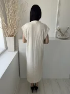 H&M (M) Krémszínű 60% Pamut Alapanyagú, Anyagában Bordázott V Kivágású, Oldalt Sliccelt Ruha