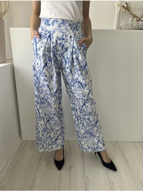  (S) Fehér Kék Virágmintás, Oldalt Cipzáros Zsebes, Bőszárú Nadrág