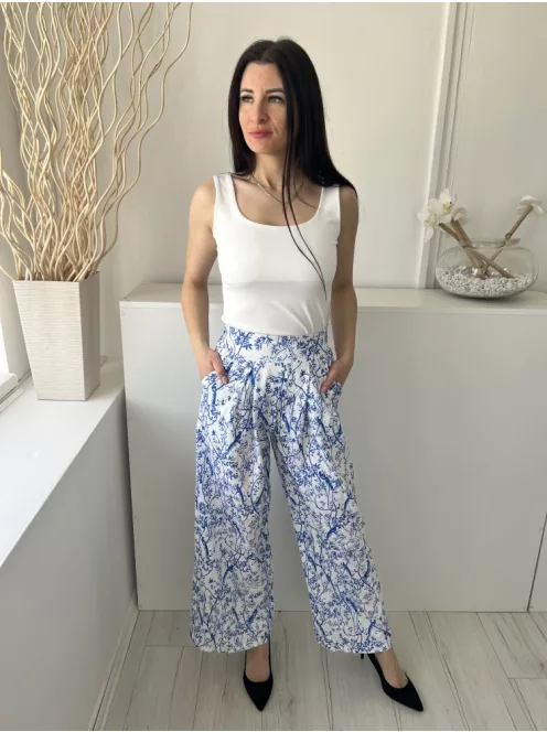  (S) Fehér Kék Virágmintás, Oldalt Cipzáros Zsebes, Bőszárú Nadrág
