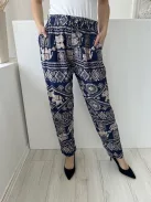  (S) Sötétkék Drapp Mintás, Gumisderekú Díszmegkötős, Zsebes, 100% Pamut Nadrág