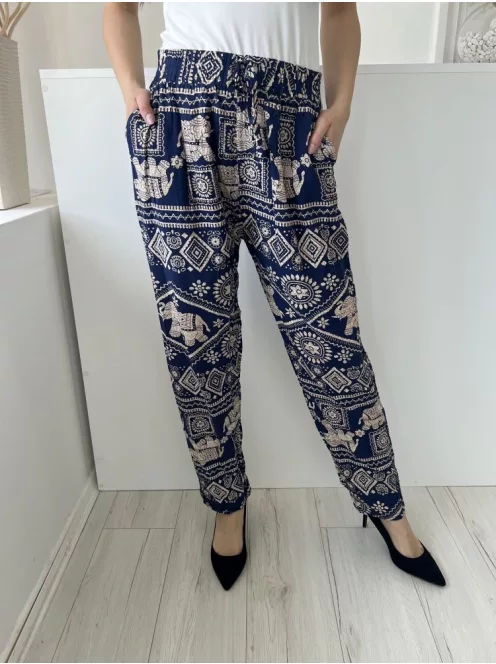  (S) Sötétkék Drapp Mintás, Gumisderekú Díszmegkötős, Zsebes, 100% Pamut Nadrág