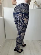  (S) Sötétkék Drapp Mintás, Gumisderekú Díszmegkötős, Zsebes, 100% Pamut Nadrág