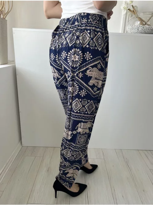  (S) Sötétkék Drapp Mintás, Gumisderekú Díszmegkötős, Zsebes, 100% Pamut Nadrág