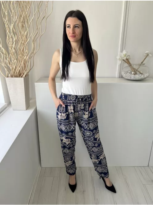  (S) Sötétkék Drapp Mintás, Gumisderekú Díszmegkötős, Zsebes, 100% Pamut Nadrág