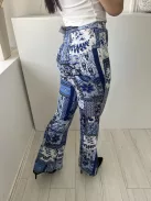 Shein (S) Kék-Fehér Mintás, Gumisderekú Trapéz Szárú Nadrág