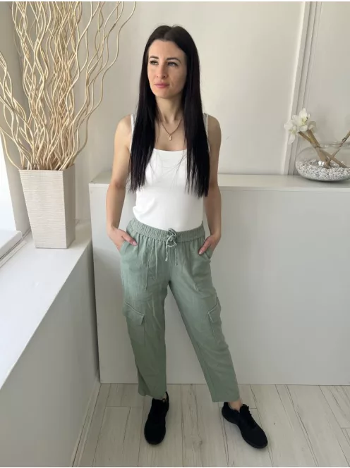 Primark (XS) Világos Khaki Gumisderekú, Díszmegkötős Oldalt Zsebes Nadrág