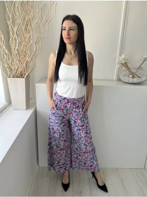 French Connection (XS) Kék Pink-Fehér Virágos, Gumisderekú Zsebes, Bőszárú Nadrág