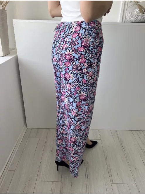 French Connection (XS) Kék Pink-Fehér Virágos, Gumisderekú Zsebes, Bőszárú Nadrág