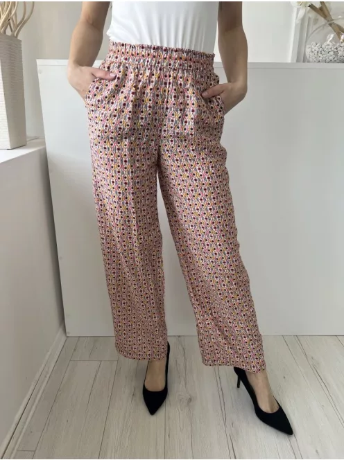 Papaya (S) Fehér Apró Színes Mintás, Zsebes Darázsolt Derekú Nadrág