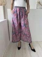 H.A.C. (S) Rózsaszín Színes Mintás, Derékban Összehúzható Megkötős, Zsebes, Bőszárú Nadrág