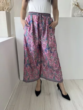   H.A.C. (S) Rózsaszín Színes Mintás, Derékban Összehúzható Megkötős, Zsebes, Bőszárú Nadrág