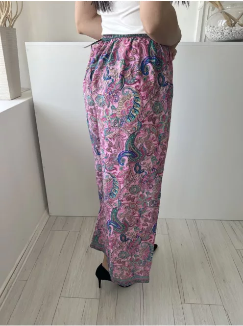 H.A.C. (S) Rózsaszín Színes Mintás, Derékban Összehúzható Megkötős, Zsebes, Bőszárú Nadrág