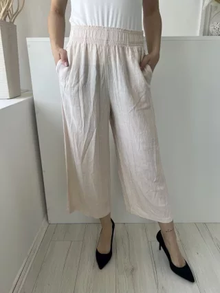   H&M (S) Drapp Darázsolt Derekú, Zsebes Enyhén Áttetsző, Bőszárú Nadrág