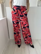 M&S (S) Piros Sötétkék-Fehér Mintás, Derékban Összehúzható Megkötős, Zsebes, Bőszárú Nadrág