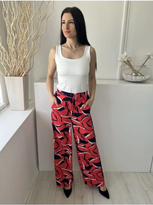 M&S (S) Piros Sötétkék-Fehér Mintás, Derékban Összehúzható Megkötős, Zsebes, Bőszárú Nadrág