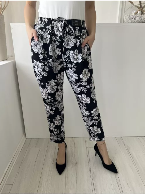 ÚJ F&F (M) Fekete Fehér Virágos, Elől Kapcsos Hátul Gumisderekú, Megköthető Nadrág