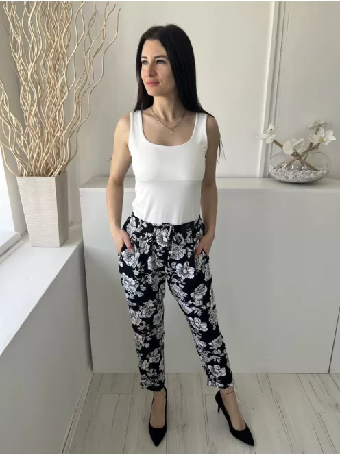 ÚJ F&F (M) Fekete Fehér Virágos, Elől Kapcsos Hátul Gumisderekú, Megköthető Nadrág