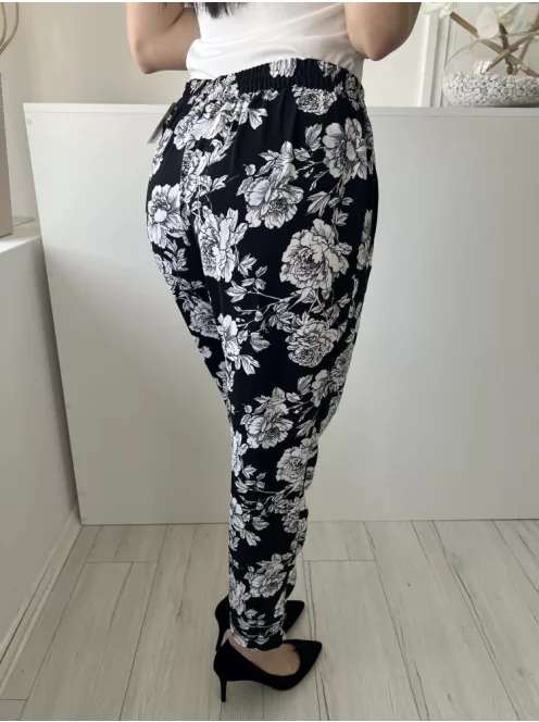 ÚJ F&F (M) Fekete Fehér Virágos, Elől Kapcsos Hátul Gumisderekú, Megköthető Nadrág
