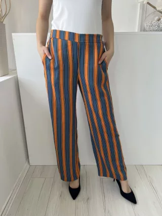   River Island (M) Kék-Narancs Csíkos, Hátul Gumisderekú Zsebes Nadrág