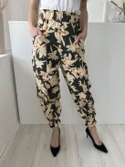 ZARA (M) Sötétzöld Sárga Virágos, 100% Pamut Darázsolt Derekú és Aljú, Zsebes Nadrág