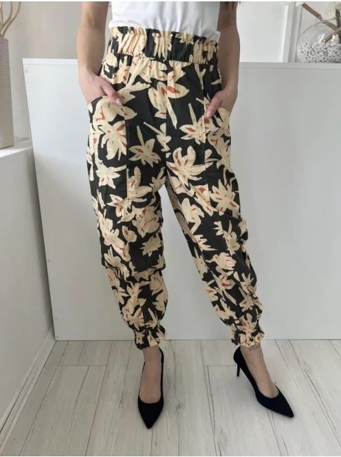 ZARA (M) Sötétzöld Sárga Virágos, 100% Pamut Darázsolt Derekú és Aljú, Zsebes Nadrág