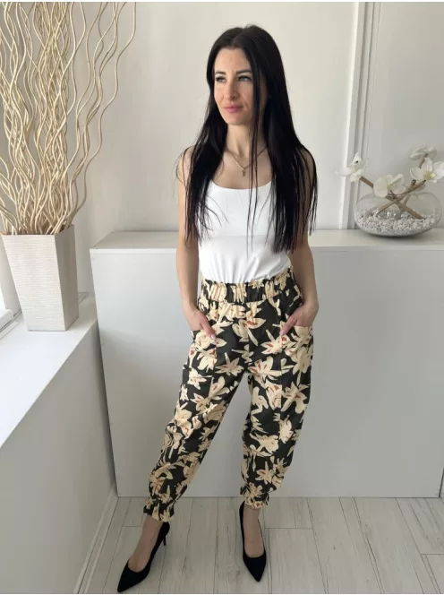 ZARA (M) Sötétzöld Sárga Virágos, 100% Pamut Darázsolt Derekú és Aljú, Zsebes Nadrág