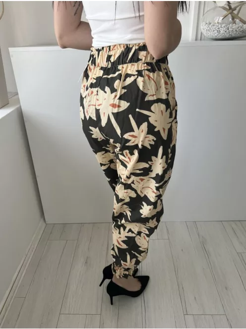 ZARA (M) Sötétzöld Sárga Virágos, 100% Pamut Darázsolt Derekú és Aljú, Zsebes Nadrág