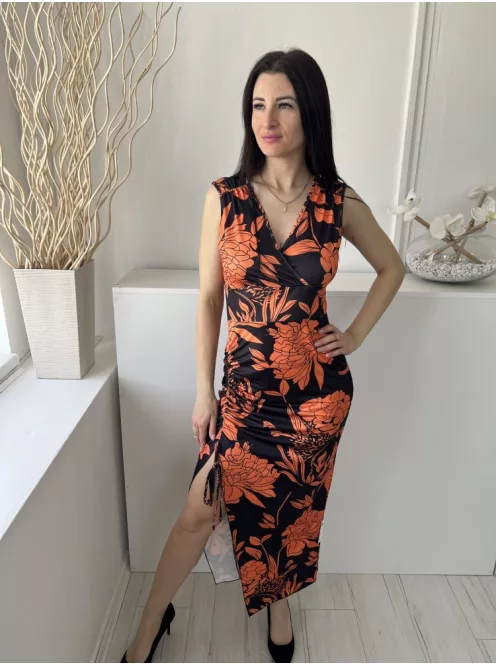 Shein (M) Fekete Narancs Virágos, Oldalt Húzott Mellnél Átlapolt, Sliccelt Ruha