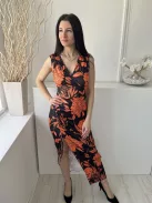 Shein (M) Fekete Narancs Virágos, Oldalt Húzott Mellnél Átlapolt, Sliccelt Ruha