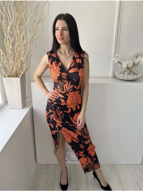 Shein (M) Fekete Narancs Virágos, Oldalt Húzott Mellnél Átlapolt, Sliccelt Ruha
